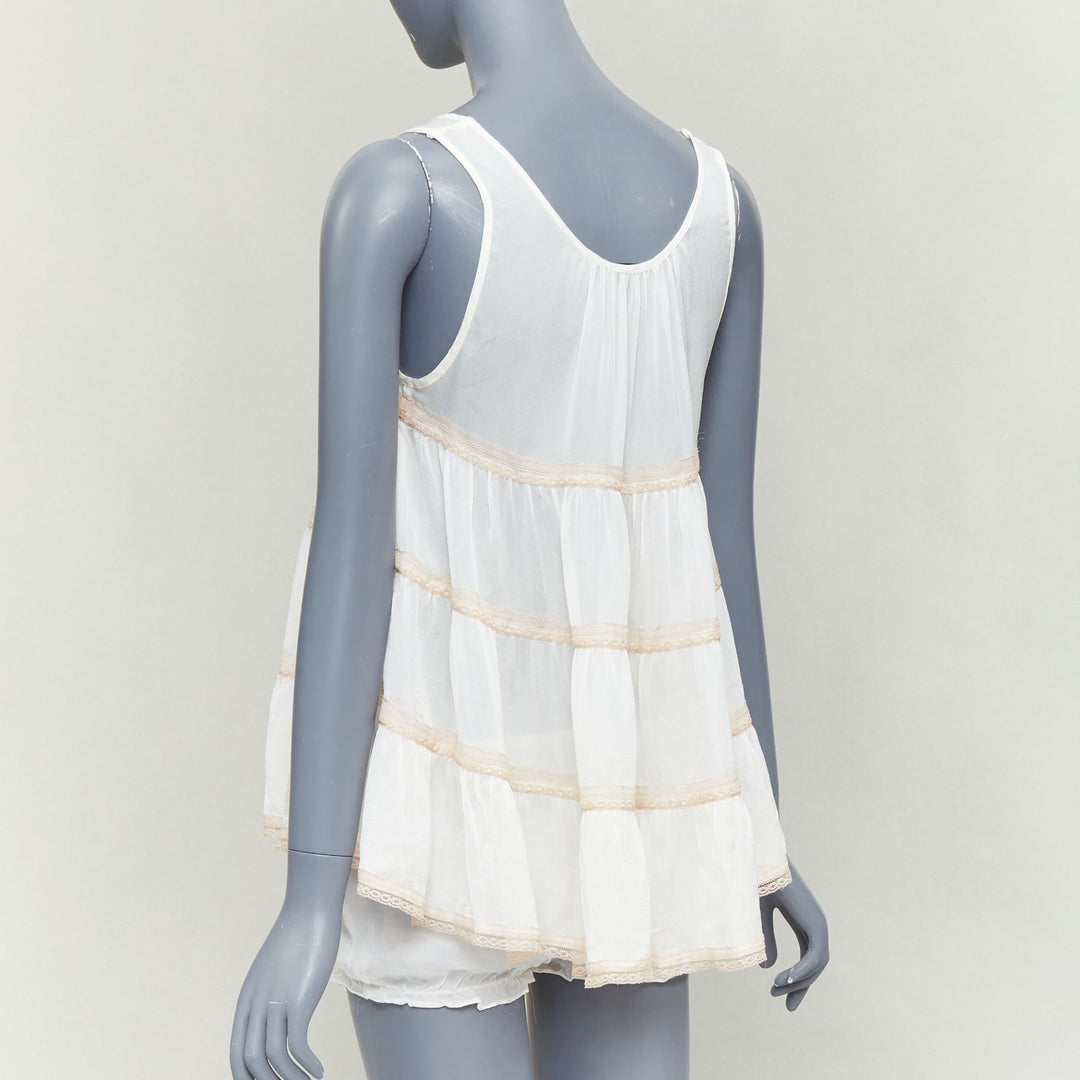 KIKI DE MONTPARNASSE silk cream babydoll bow tiered bloomer nightwear set M