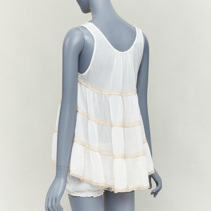 KIKI DE MONTPARNASSE silk cream babydoll bow tiered bloomer nightwear set M
