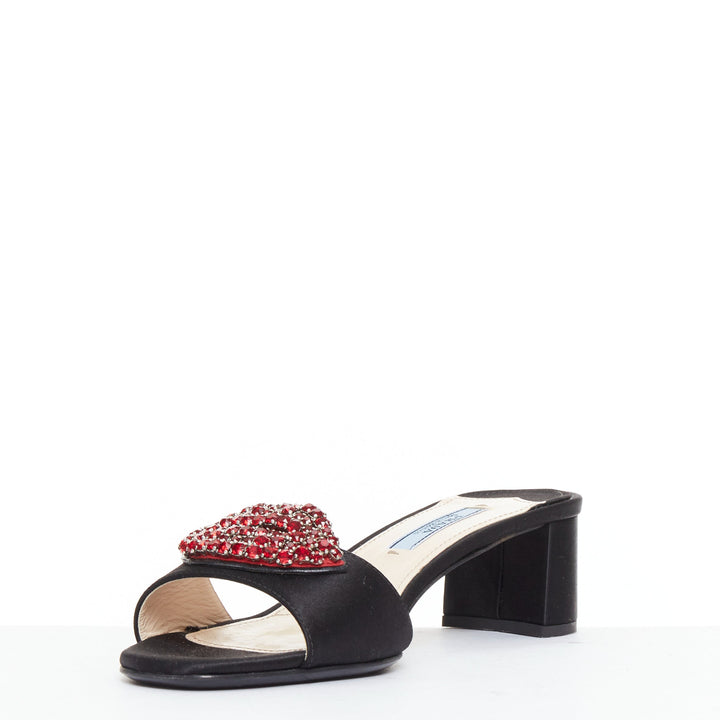 PRADA Special Edition red crystal lip black satin block heeled mules EU37.5