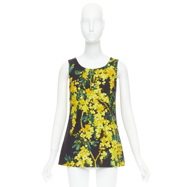 DOLCE GABBANA yellow black beaded mimosa acacia print floral tunic IT38 XS