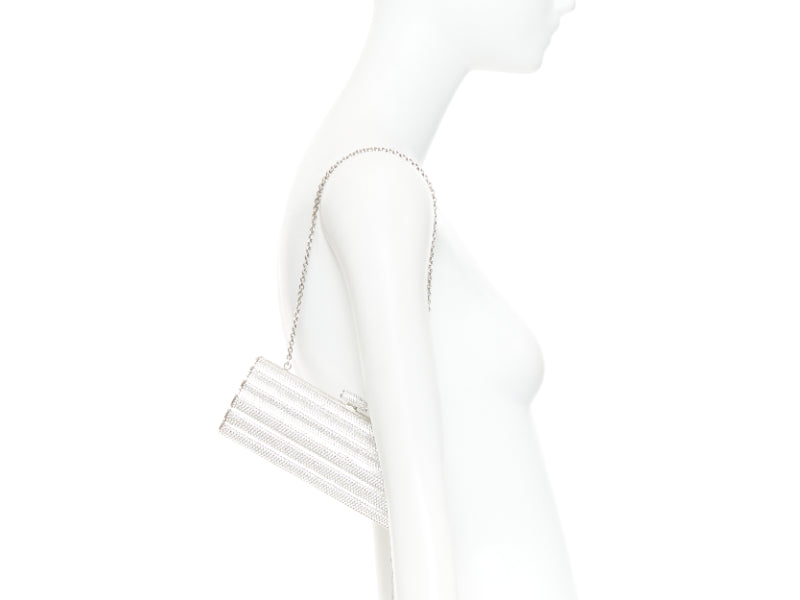 JUDITH LEIBER silver crystal encrusted metal clasp chained minaudiere clutch bag