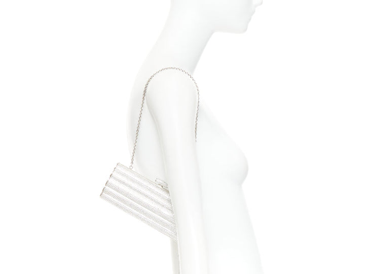 JUDITH LEIBER silver crystal encrusted metal clasp chained minaudiere clutch bag