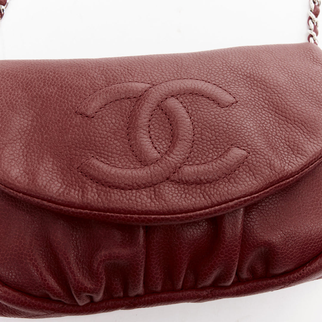 CHANEL Half Moon red grained leather CC quilted flap crossbody WOC bag