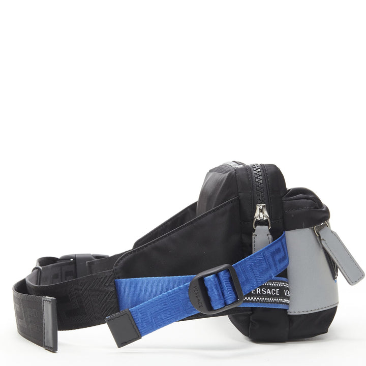 VERSACE reflective logo black nylon Greca strap crossbody belt waist bag