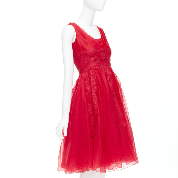 DOLCE GABBANA red cotton silk blend lace tulle fit flared dress IT36 XXS