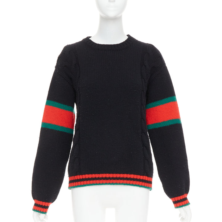 GUCCI 2021 black wool red green trim cable braid crew neck sweater XS