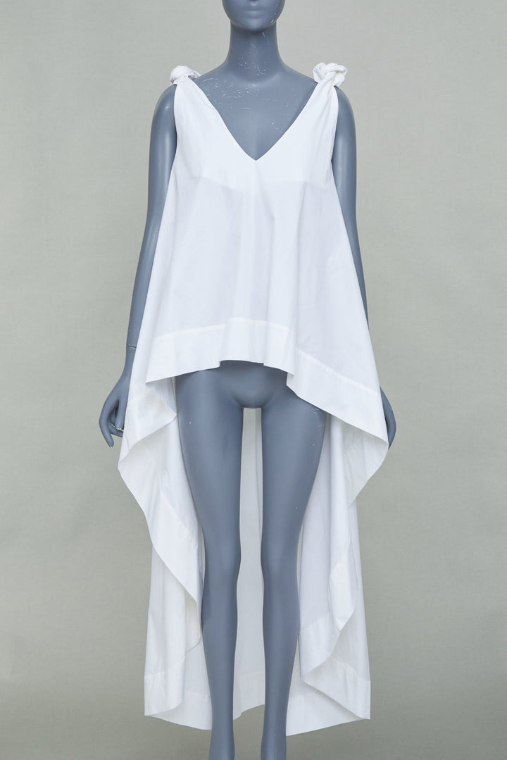 NATASHA ZINKO white cotton knot strap v neck oversized flare hi low top FR34 XS