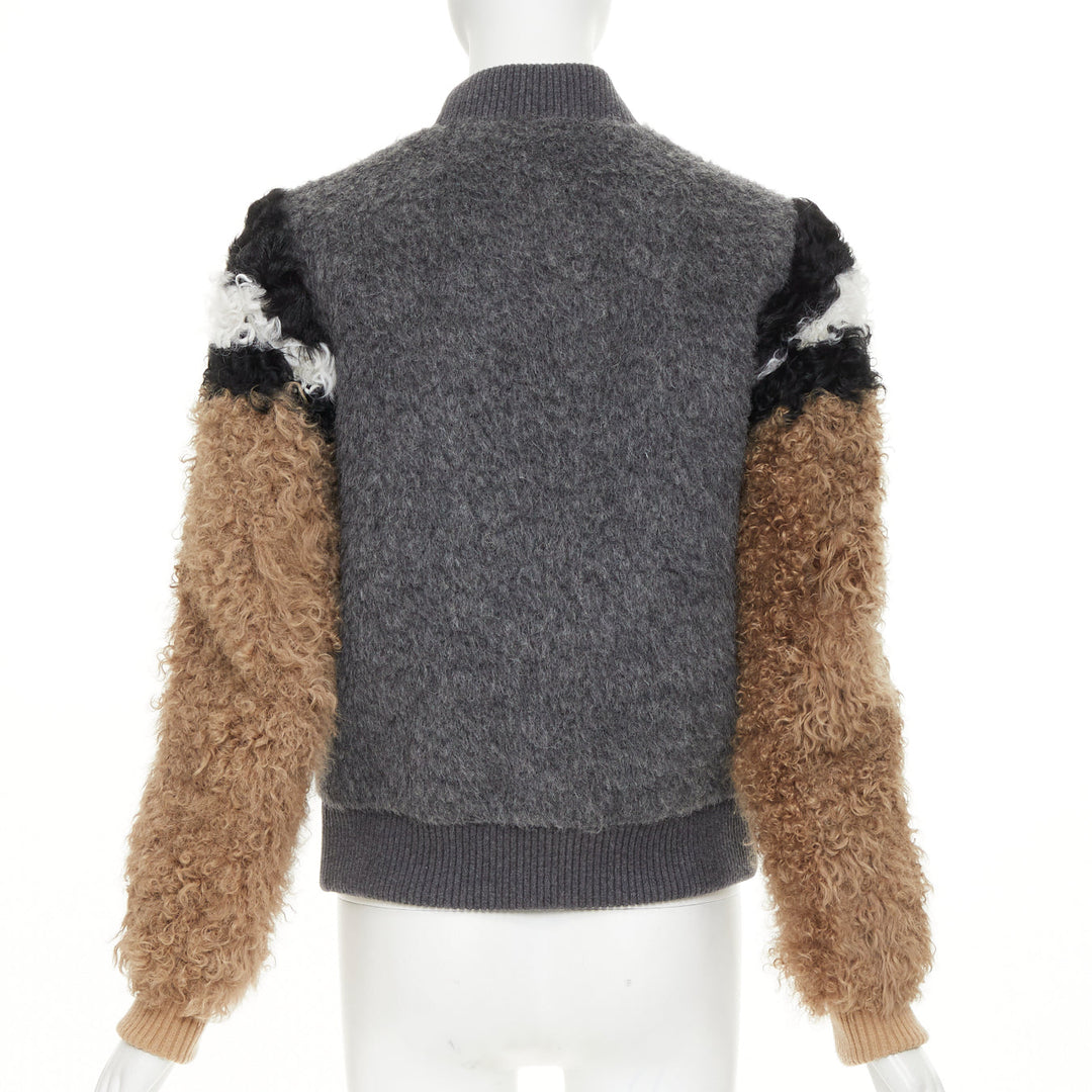 NO. 21 grey tan brown alpaca mohair blend fluffy sleeve  bomber jacket IT40 S