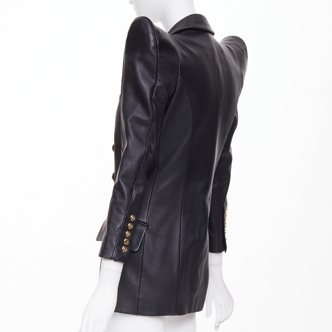 BALMAIN black lambskin leather gold buttons Pagoda shoulders jacket FR34 XS