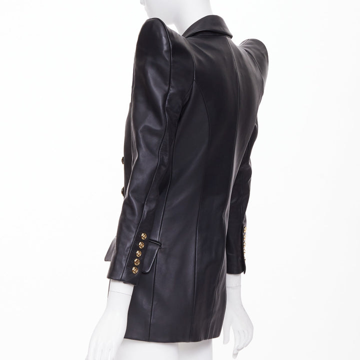 BALMAIN black lambskin leather gold buttons Pagoda shoulders jacket FR34 XS