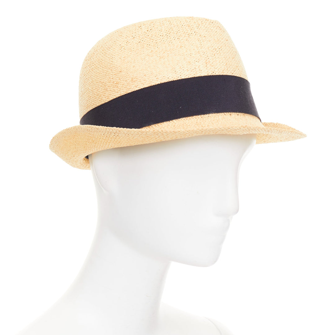 CHANEL beige straw raffia grosgrain ribbon CC logo trilby hat L