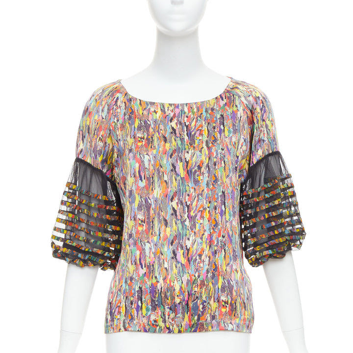 DRIES VAN NOTEN multicolor watercolor print sheer flared sleeve top FR40 L