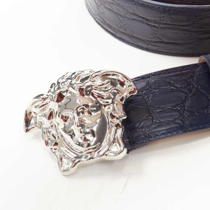 VERSACE $1200 La Medusa silver buckle blue scaled leather belt 105cm 40-44"