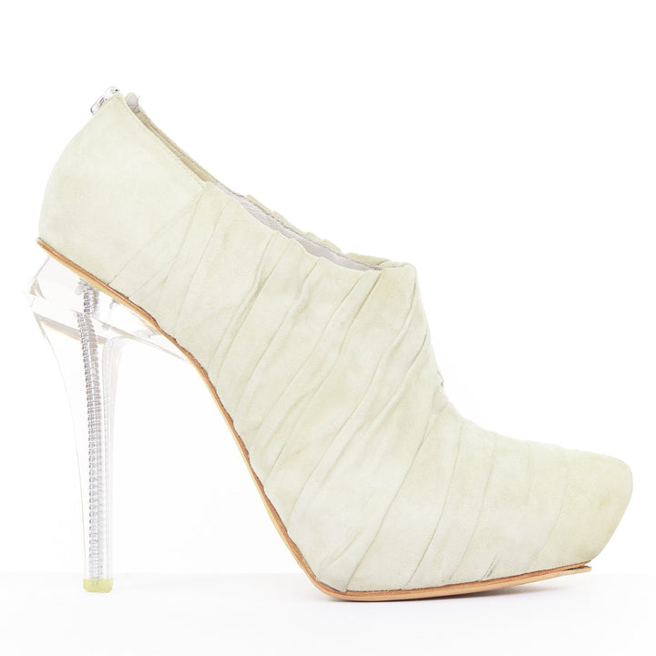 ALEXANDER WANG 2009 Runway light grey ruched suede clear lucite heel bootie EU37