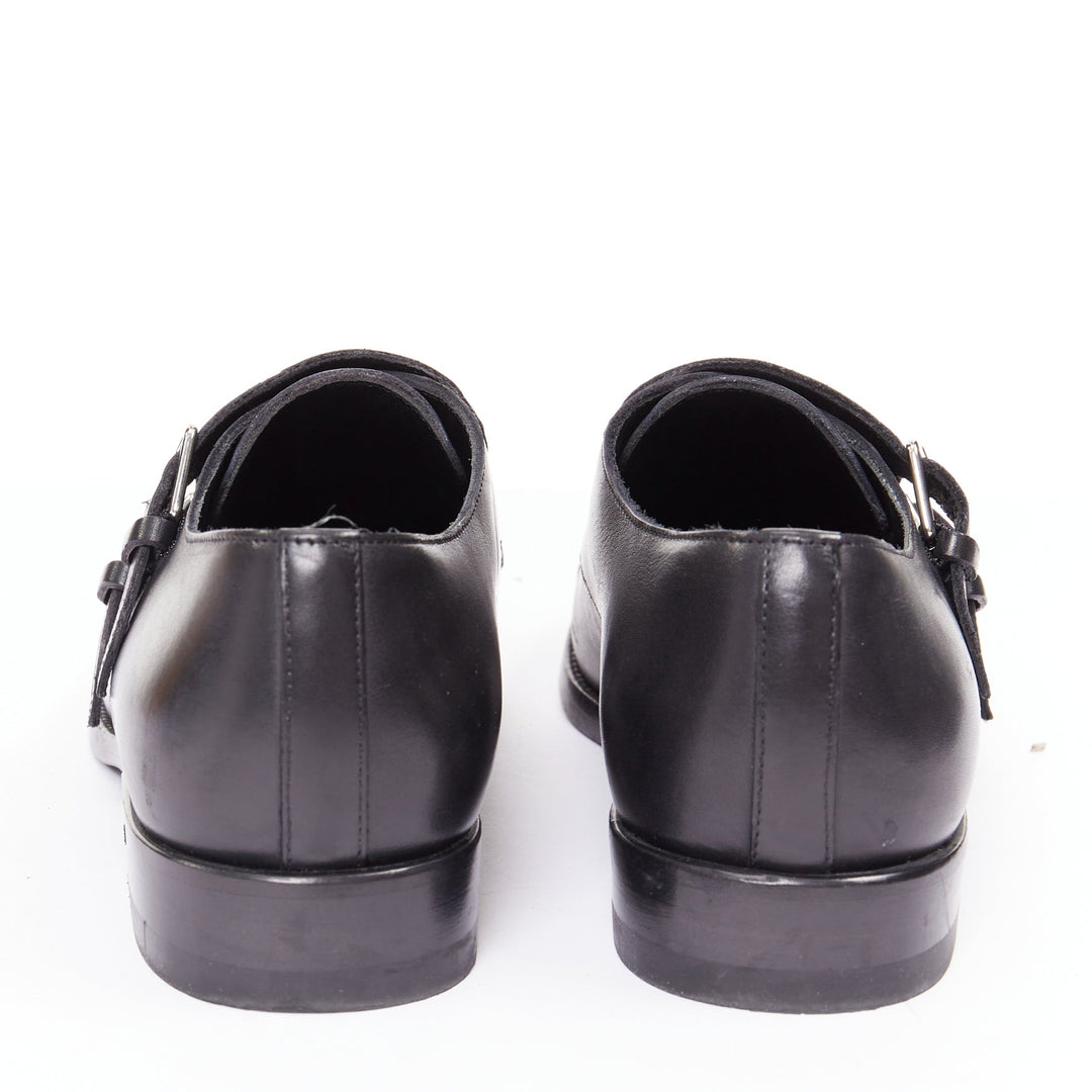 SAINT LAURENT black leather silver buckle double monk strap oxford shoes EU35.5