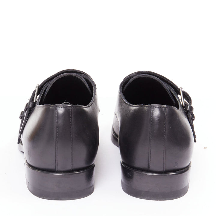 SAINT LAURENT black leather silver buckle double monk strap oxford shoes EU35.5
