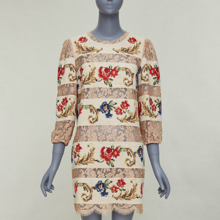 DOLCE GABBANA 2012 Runway baroque floral needlepoint sheer lace shift dress IT44