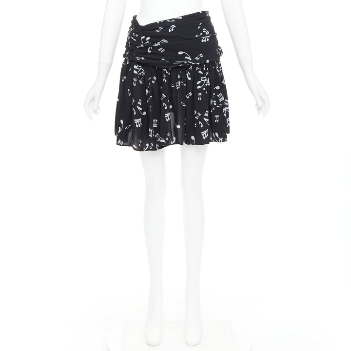 MIU MIU 2013 black white viscose blend musical notes ruched mini skirt IT36 XXS