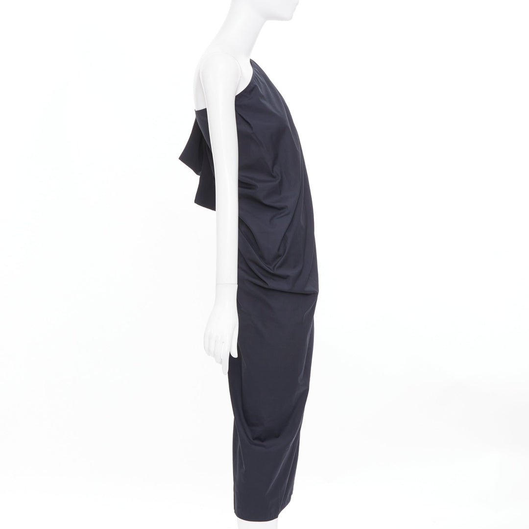 MAX MARA Sfilata black asymmetric draped cotton leather trim midi dress IT36 XXS