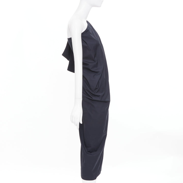 MAX MARA Sfilata black asymmetric draped cotton leather trim midi dress IT36 XXS
