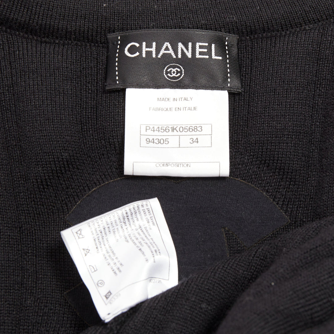 CHANEL 100% wool black metallic coated CC logo tubular pad biker jacket FR34 XS
