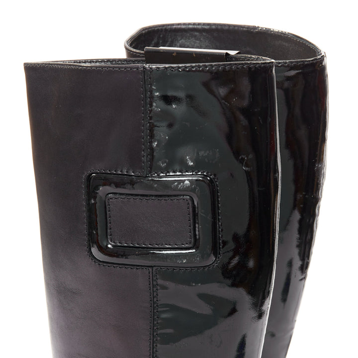 ROGER VIVIER Belle black patent leather split buckle pointy kitten boots EU38