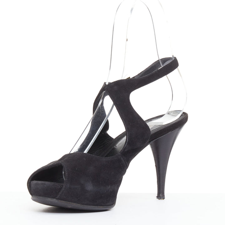 FENDI black suede gold buckle slingback peep toe pumps EU37