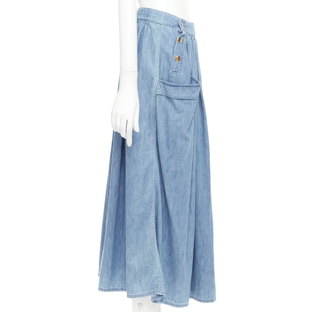 CELINE light blue cotton washed denim gold triomphe logo button midi skirt 27"