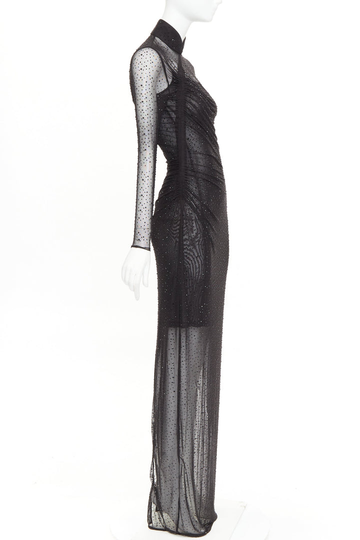 SAU LEE Kai black sheer mesh crystal cheongsam maxi gown US2 S