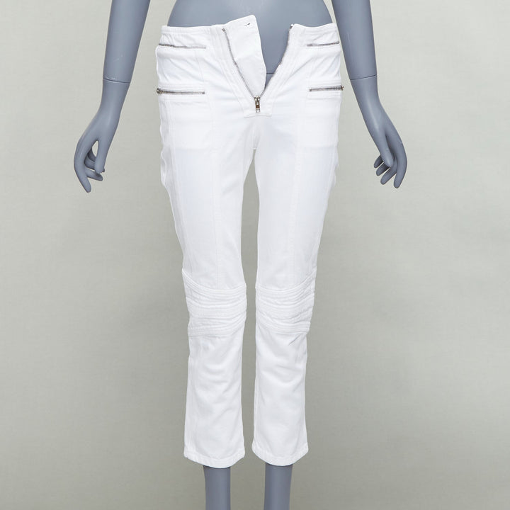 ISABEL MARANT Loma white denim silver zip panelled biker jeans FR34 XS