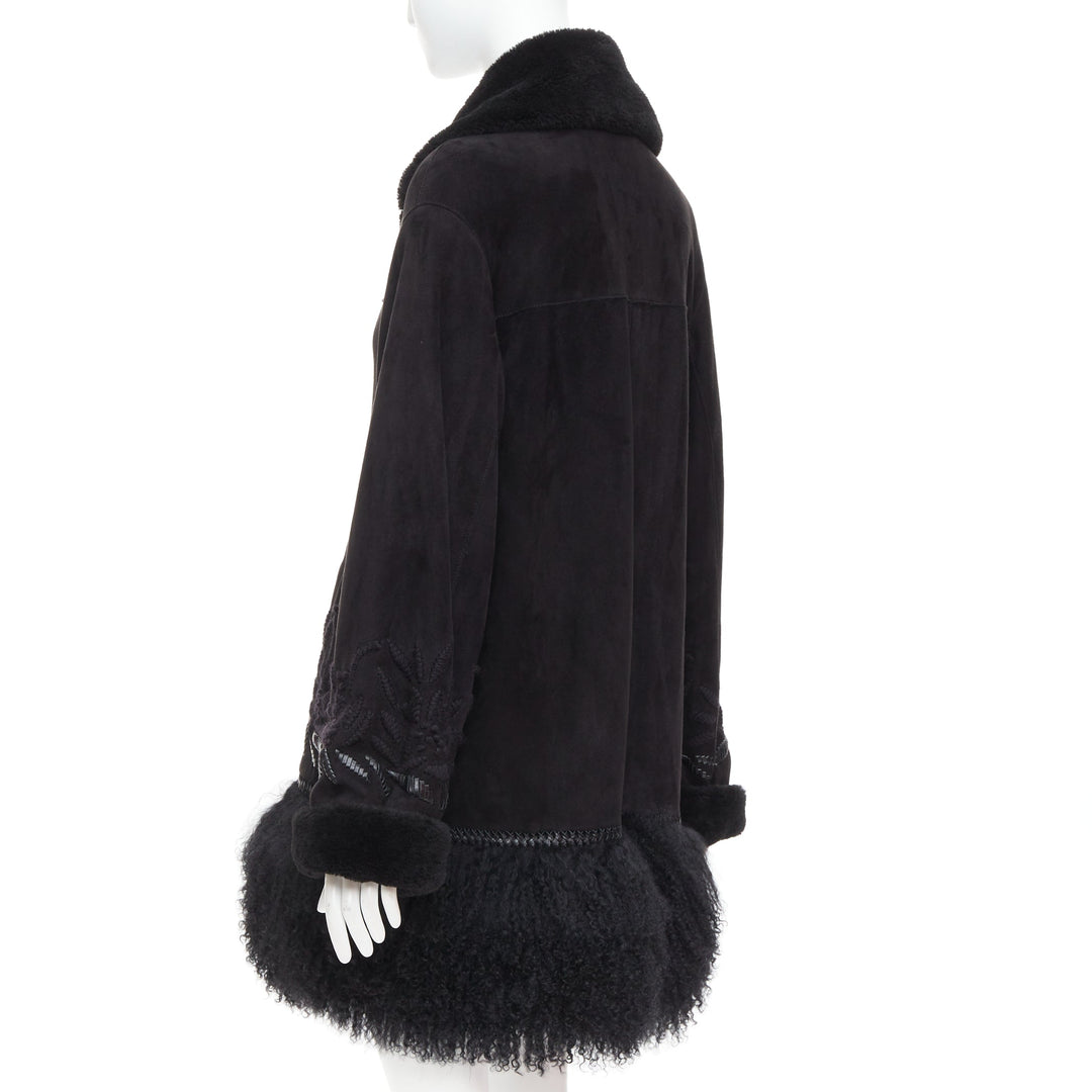 ERMANNO SCERVINO black multi sheep shearling leather embroidered coat IT40 S