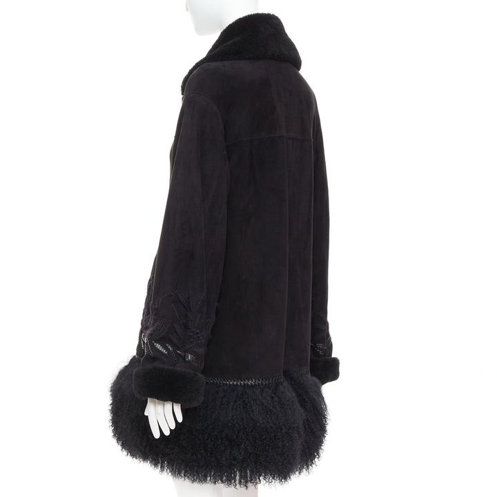 ERMANNO SCERVINO black multi sheep shearling leather embroidered coat IT40 S