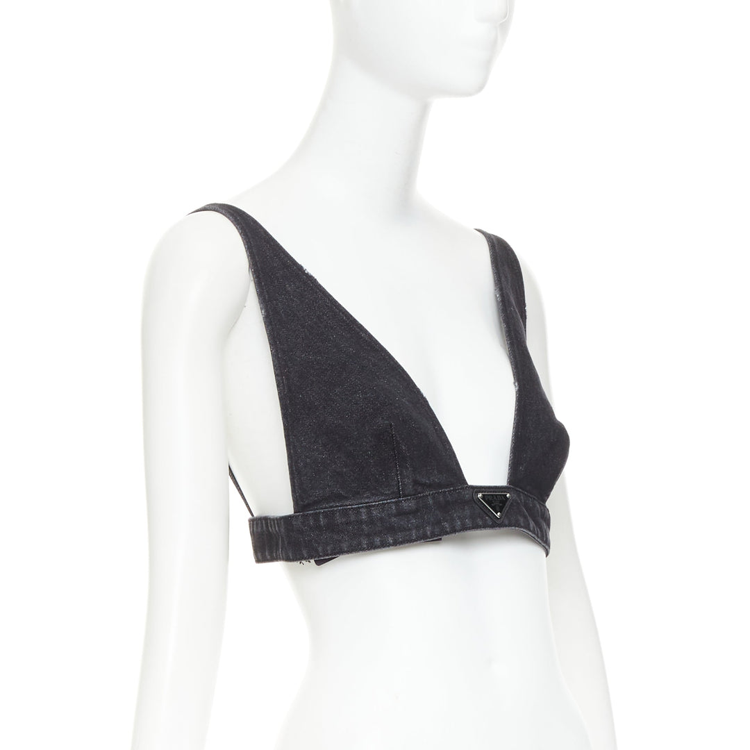 PRADA 2022 dark grey denim black triangle logo plaque bralette crop top IT42 M