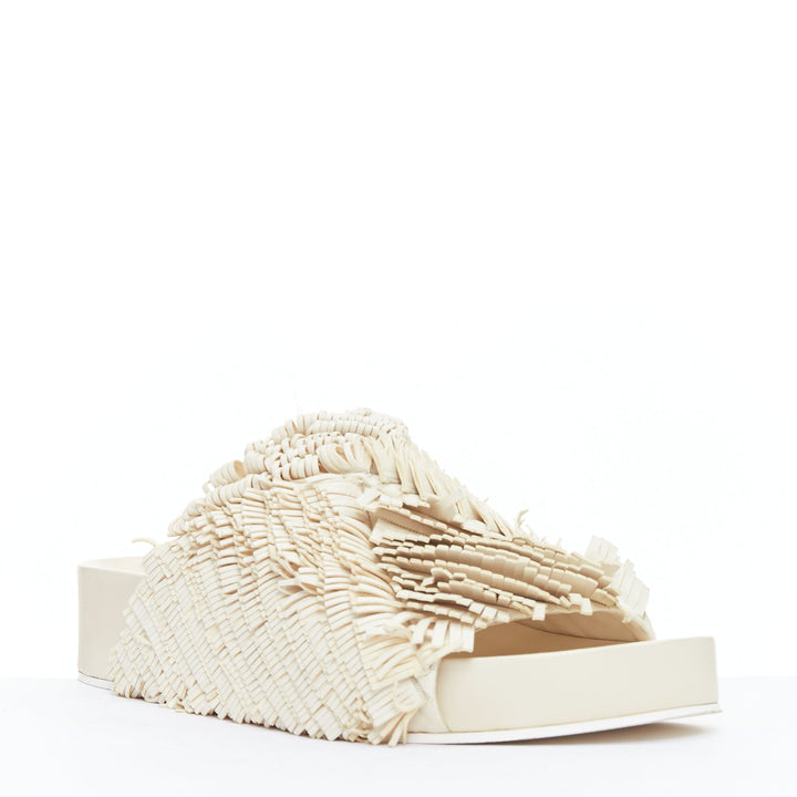 JIL SANDER beige leather fringe platform slides sandals EU38