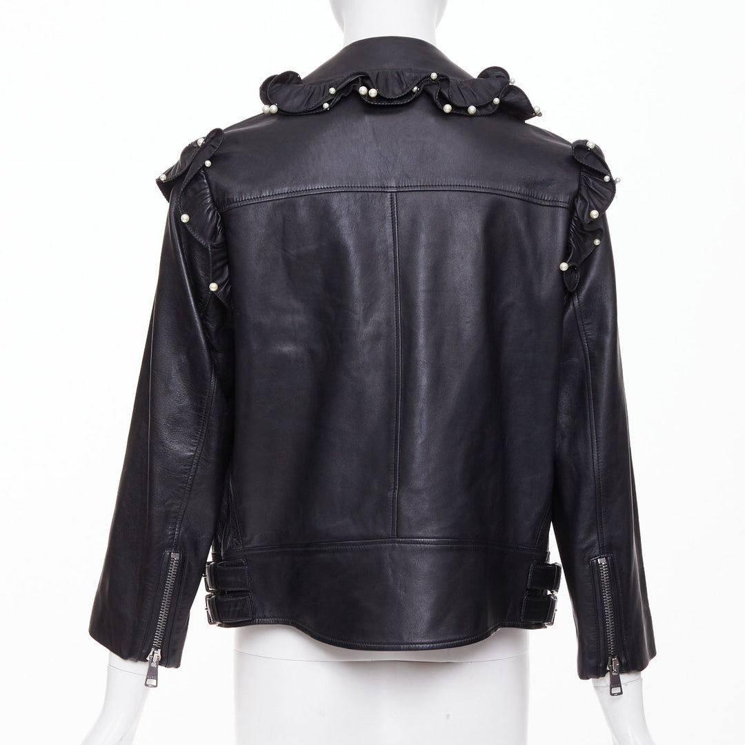 GUCCI 2016 black lambskin leather faux pearl ruffle collar biker jacket IT40 S