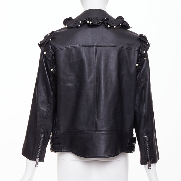 GUCCI 2016 black lambskin leather faux pearl ruffle collar biker jacket IT40 S