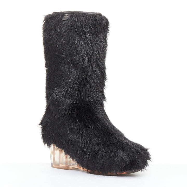 CHANEL 2010 Runway black Yeti faux fur silver CC clear iceberg heel boots EU38.5