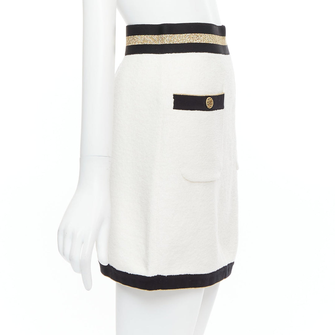 CHANEL cream cotton tweed nautical CC gold button A-line skirt FR34 XS