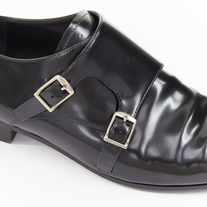 CHRISTIAN DIOR Swing black calfskin leather double buckle monk shoes EU37.5D