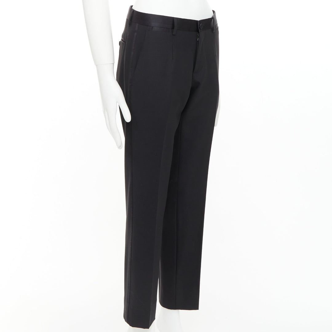 DOLCE GABBANA black wooly satin waist trim taperd mid waist pants IT44 XS