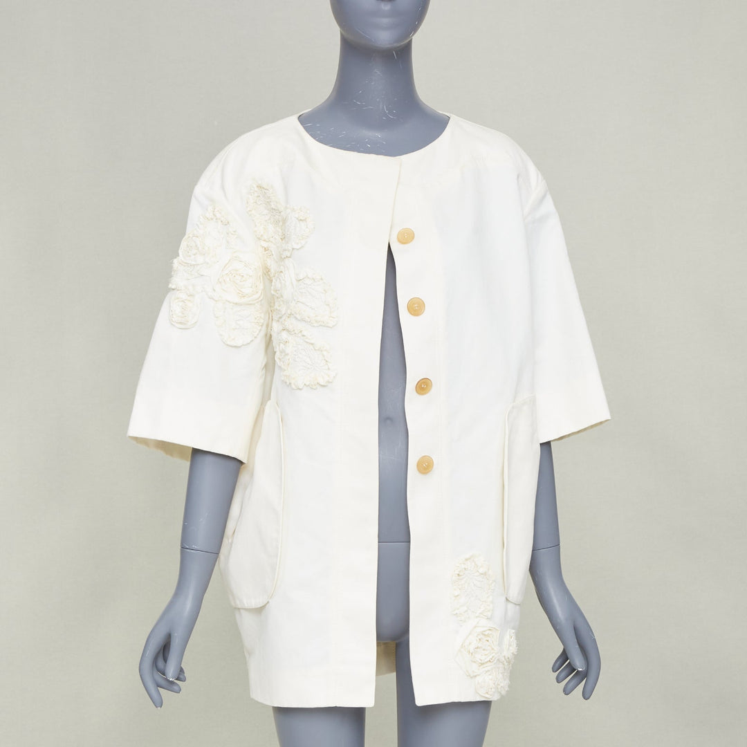 NINA RICCI 2012 ivory white floral rose applique half sleeve button coat M