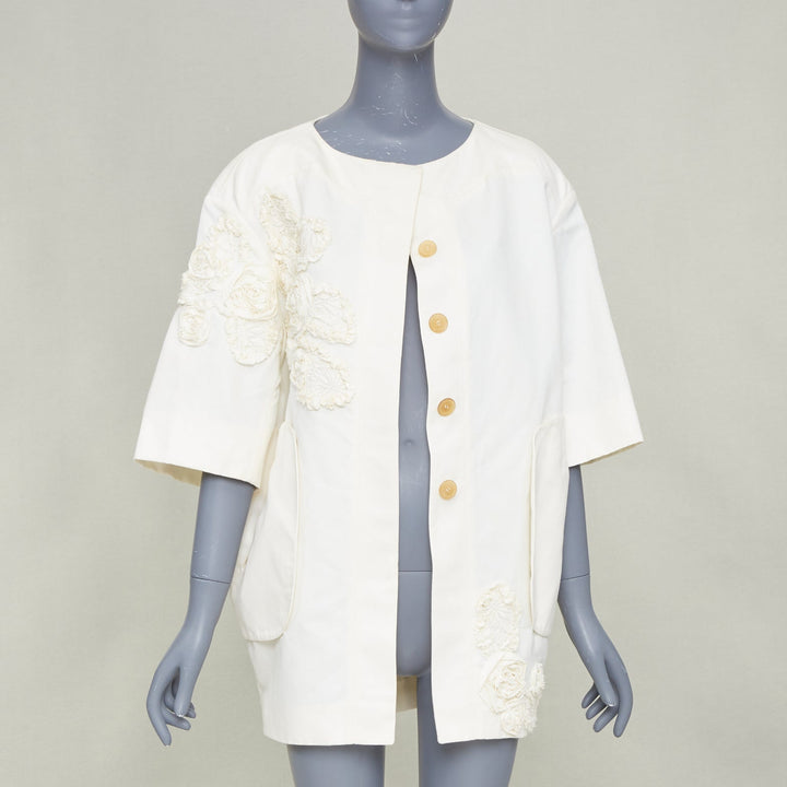 NINA RICCI 2012 ivory white floral rose applique half sleeve button coat M