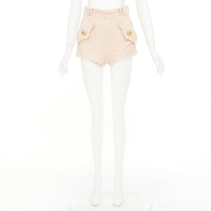 BALMAIN 2024 pink fringe lion head button high waist boucle tweed shorts FR34 XS
