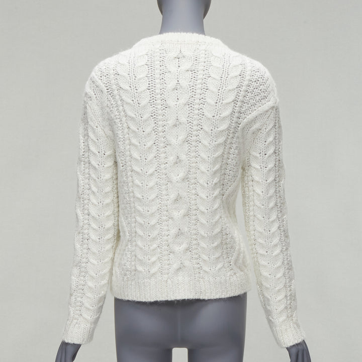 VALENTINO 2021 silver beads sequins bow white lurex cable knit sweater XS