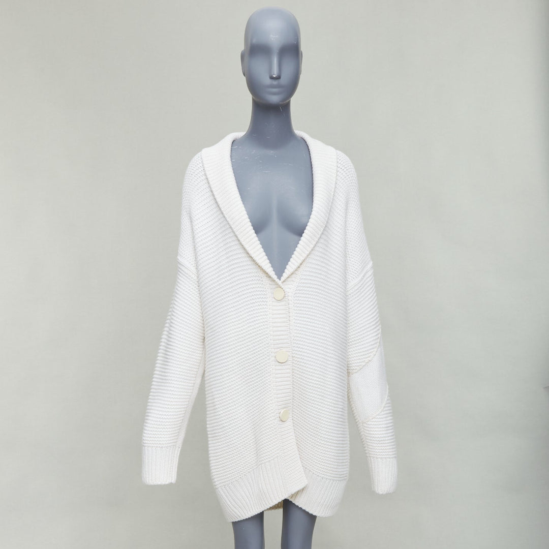 HERMES 100% cashmere off white leather logo buttons oversized cardigan FR34 XS