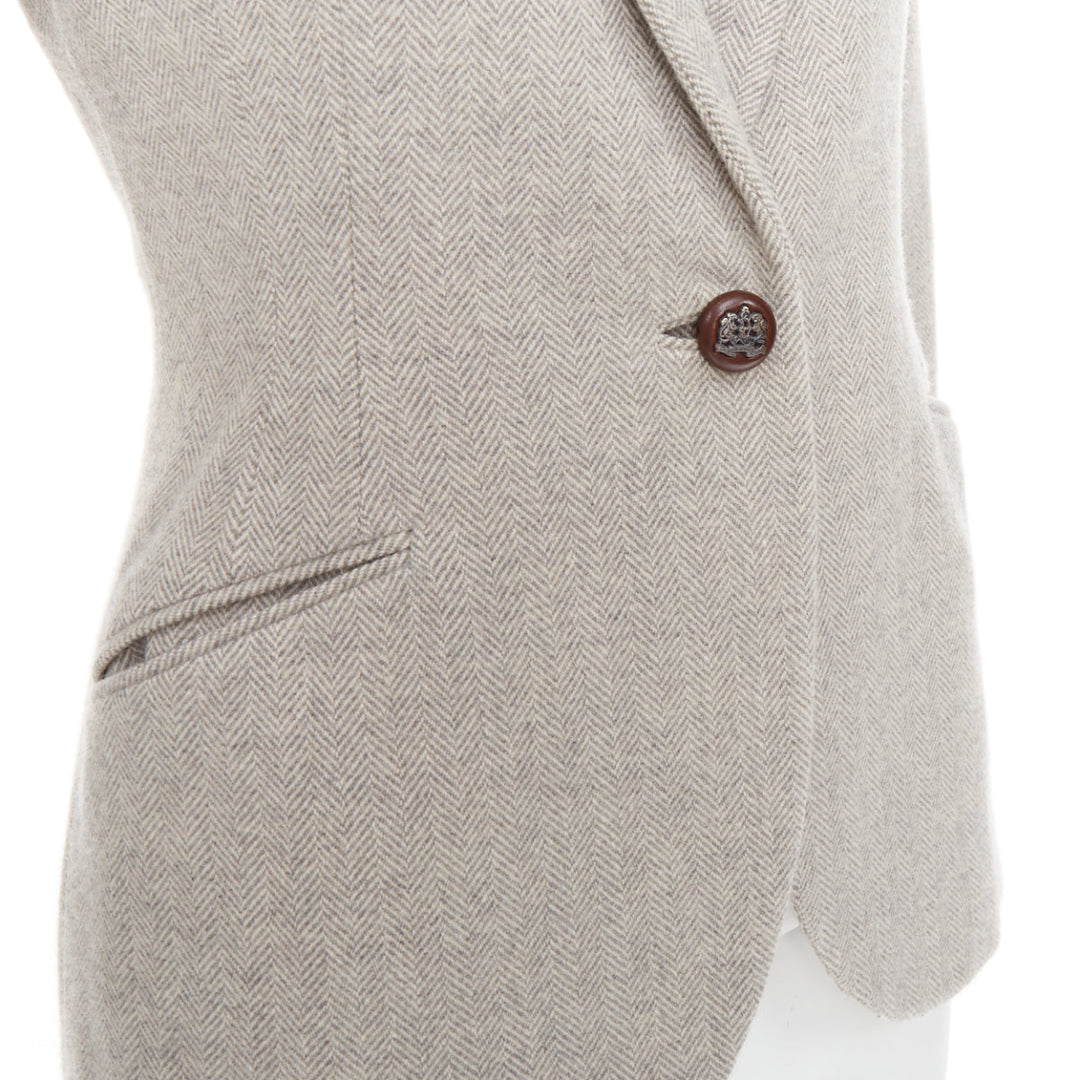 RALPH LAUREN Black Label grey merino wool herringbone leather button blazer US2