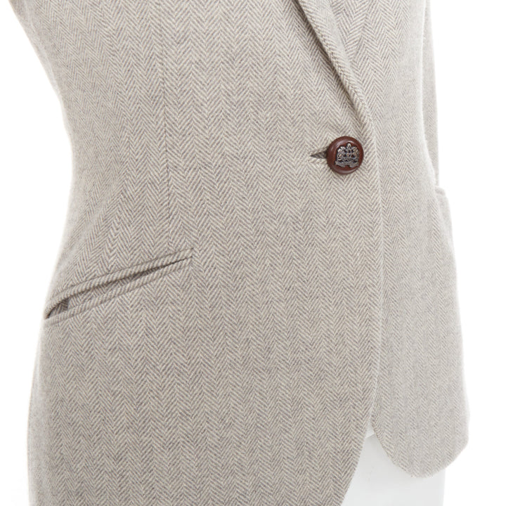 RALPH LAUREN Black Label grey merino wool herringbone leather button blazer US2