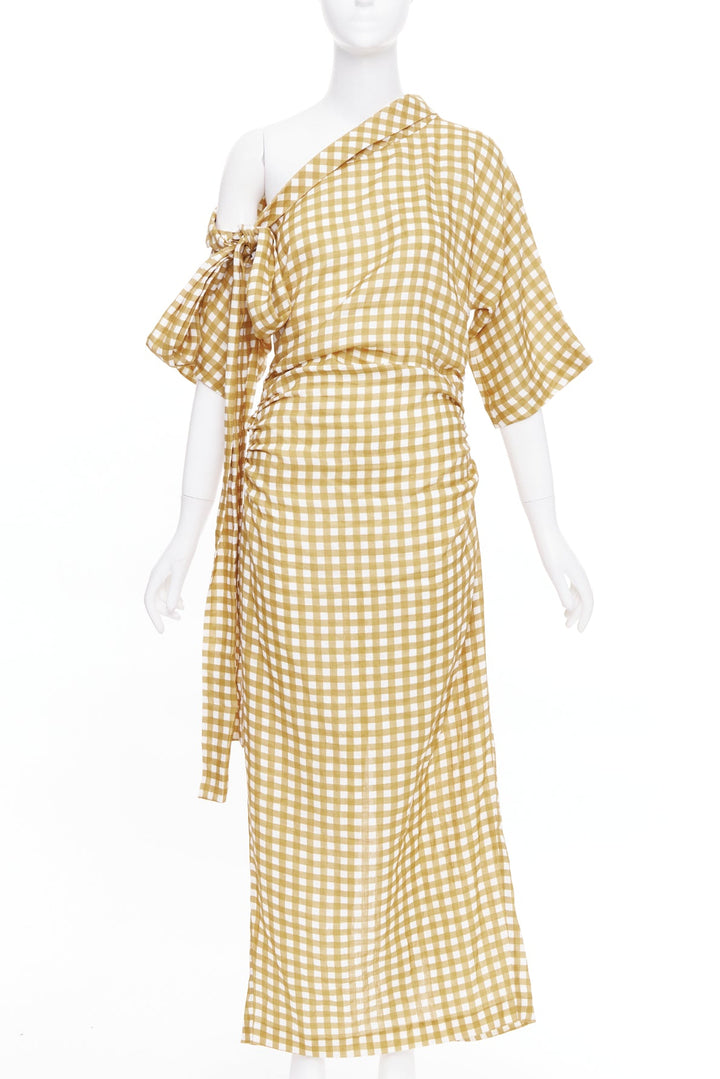 BERNADETTE Nowie brown off white gingham linen asymmetric belted dress IT40 S