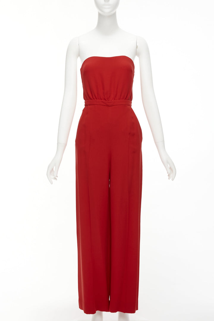 VALENTINO 100% silk red strapless back tie bow wide leg jumpsuit IT38 XS