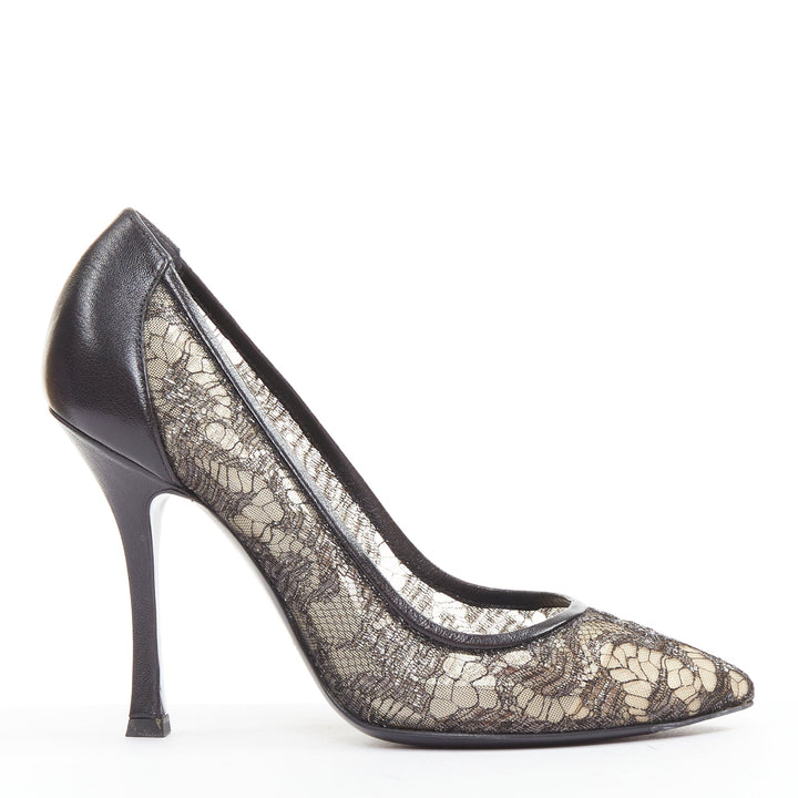 SERGIO ROSSI black leather floral lace spool heel pumps EU37.5